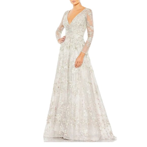 Mac Duggal 20402 Size 12 Floral Embroidered Gray Pink Long Sleeve Gown Dress - Picture 2 of 5